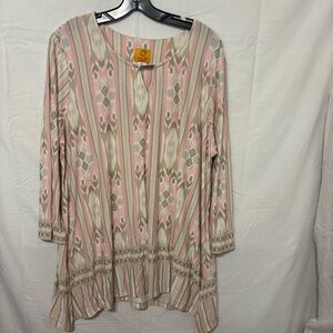 Ruby Rd. women's apparel tunic with a pink, beige, and gray ikat pattern.